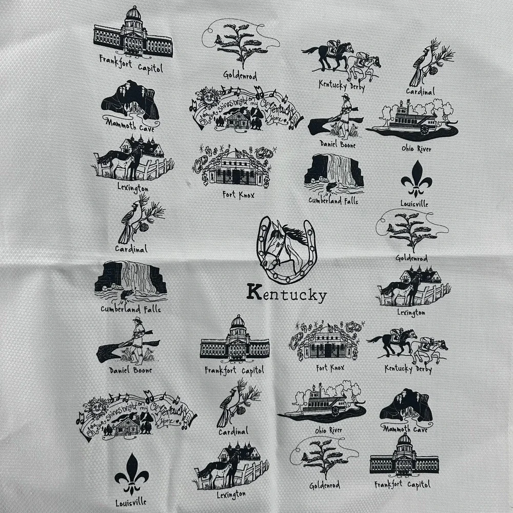 The Dish Kentucky State Souvenir Cotton Damask Tea Towel White Black Icons